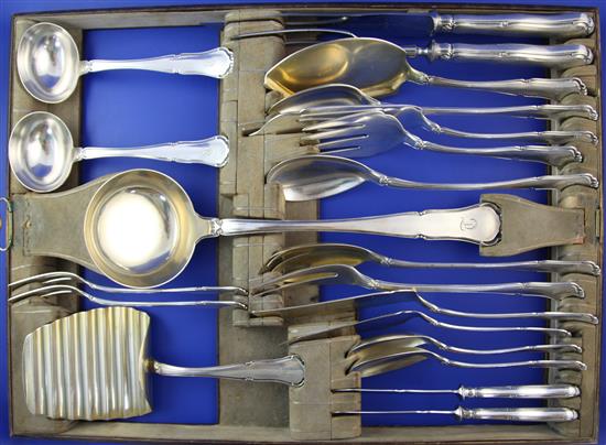 A late 19th/early 20th century German 800 standard canteen of cutlery by Lazarus Posen, in original oak canteen.